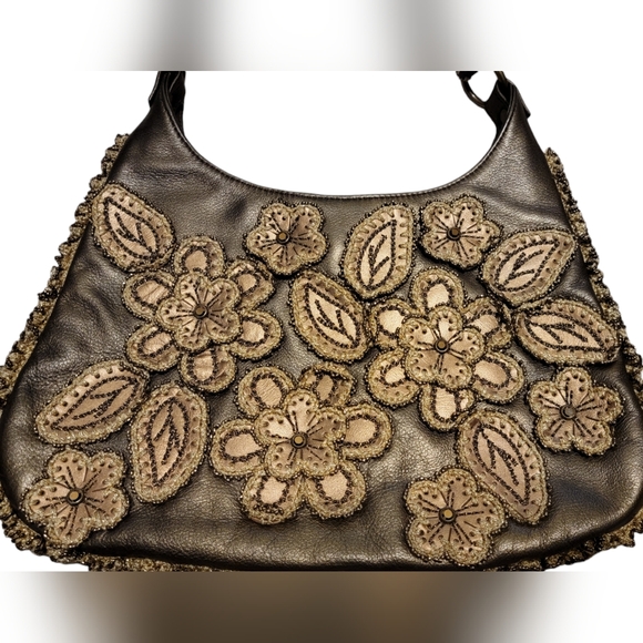 Isabella Fiore Gold Leather Satchel With Flower Appliqué - Picture 4 of 10